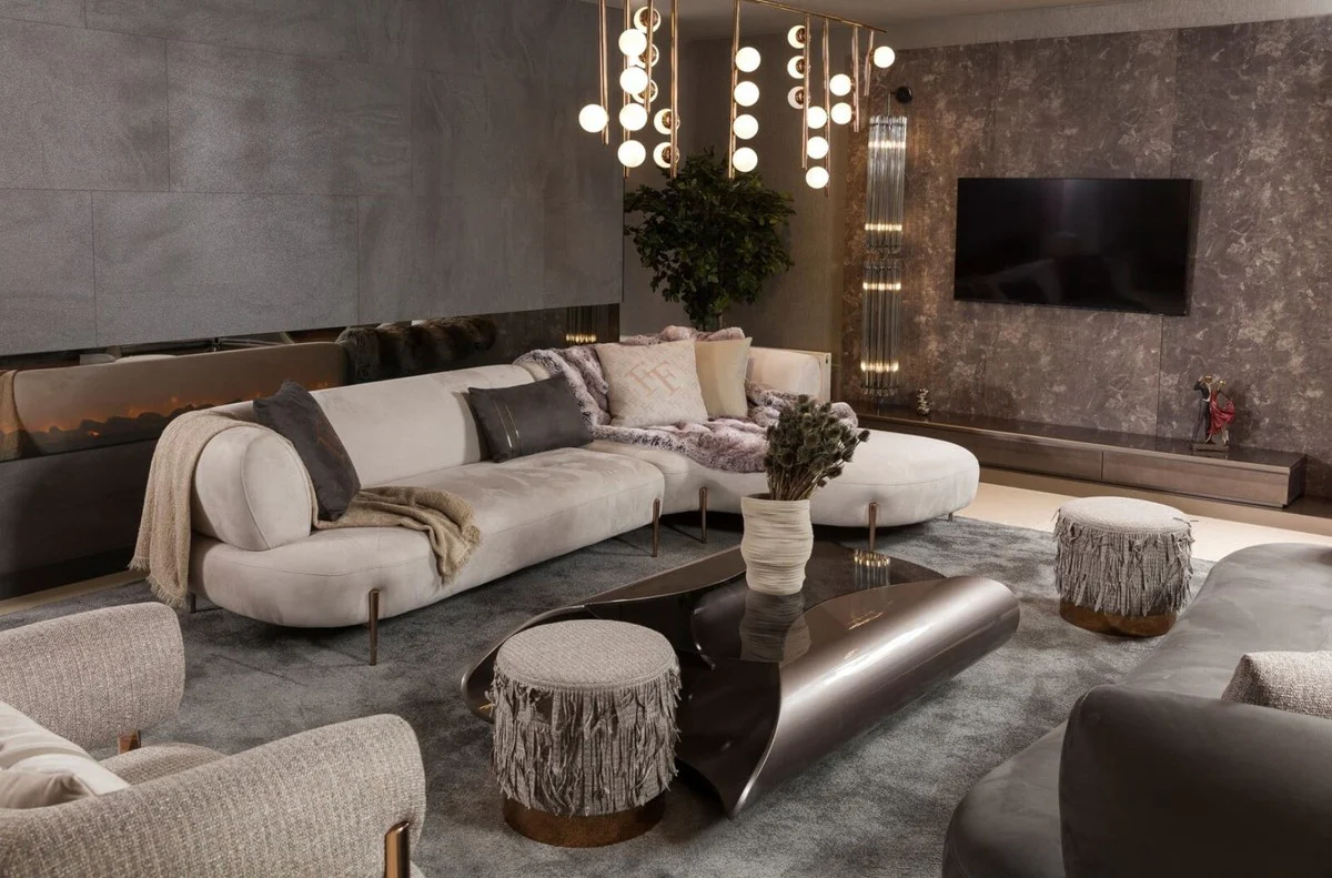 Luxus Designer Couchtisch Grau / Schwarz 140 x 90 x H. 35 cm - Wohnzimmertisch mit Glasplatte - Wohnzimmer Möbel - Hotel Möbel - Luxus Designer Möbel - Luxus Kollektion