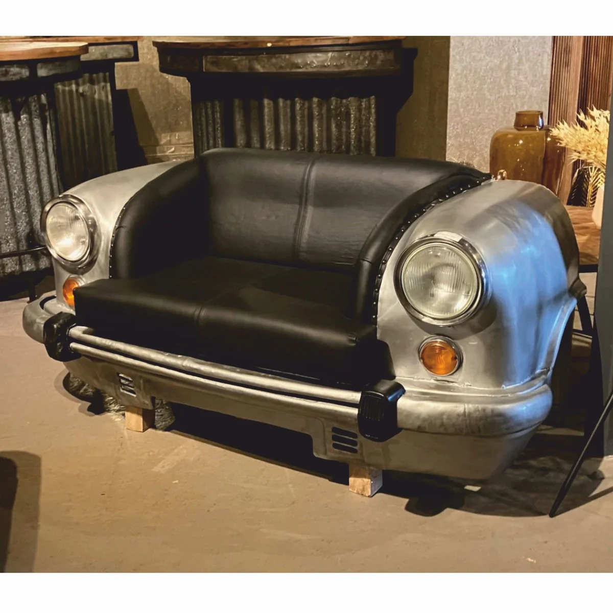 Designer Autosofa Silber / Schwarz 158 cm - Wohnzimmer Auto Möbel