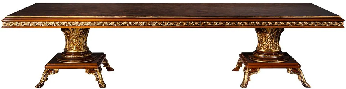 Luxus Barock Esstisch Braun / Gold 350 x 120 x H. 80 cm - Massivholz Esszimmertisch - Esszimmer Möbel im Barockstil - Edel & Prunkvoll