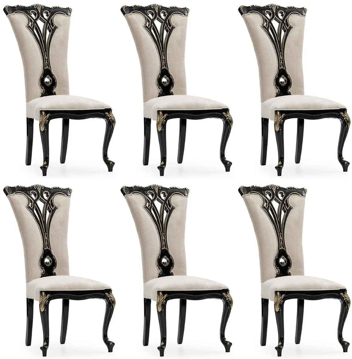 Luxus Barock Esszimmer Stuhl 6er Set Creme / Schwarz / Gold - Prunkvolle Barockstil Küchen Stühle - Luxus Esszimmer Möbel im Barockstil - Barock Esszimmer Möbel - Barockstil Möbel