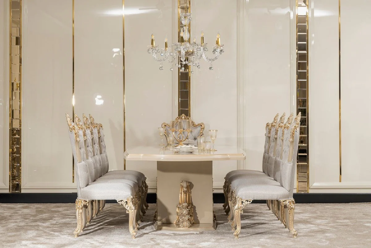 Luxus Barock Esszimmer Set Silber / Grau / Gold - 1 Barock Esstisch & 8 Barock Esszimmerstühle