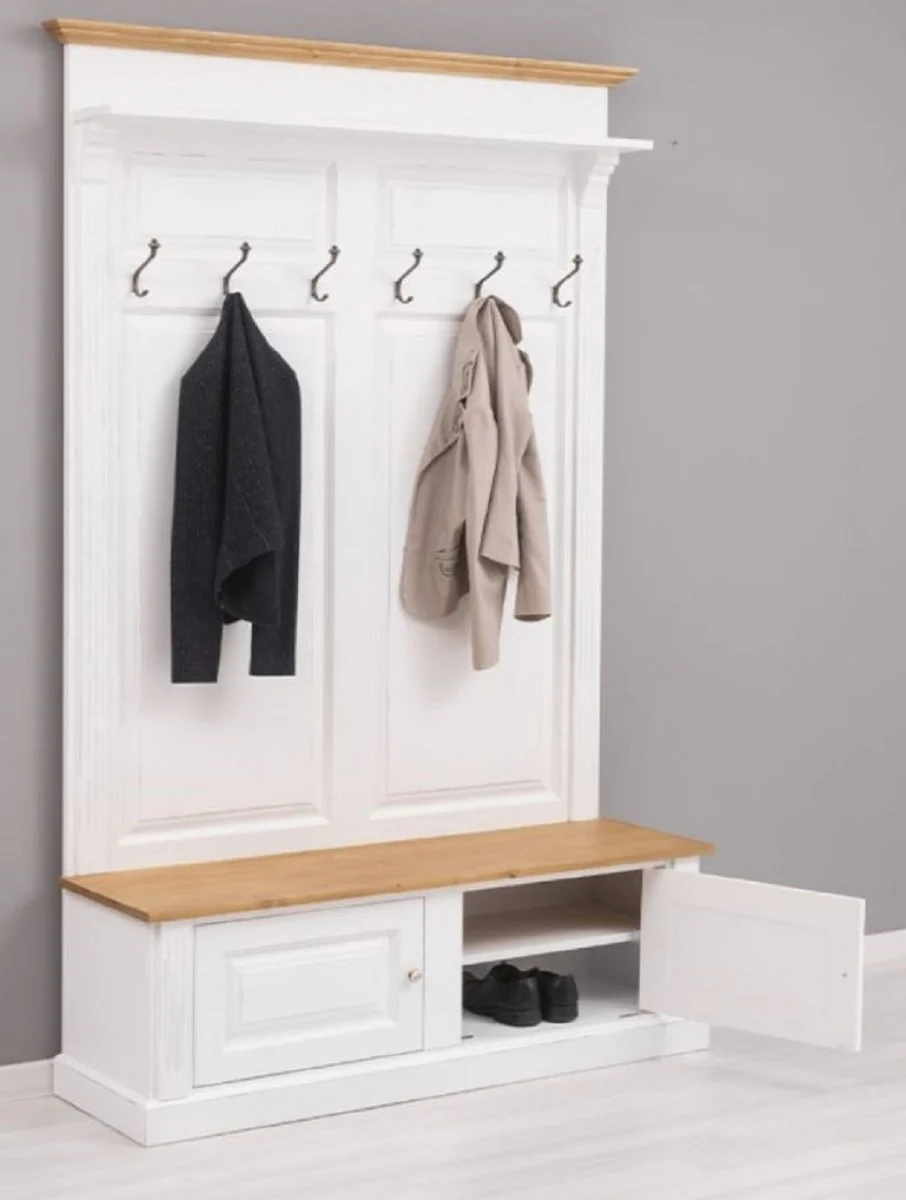 Landhausstil Massivholz Garderobenschrank Weiß / Naturfarben 140 x 41 x H. 210 cm - Wand Garderobe - Flur Schrank - Flurmöbel - Garderobenmöbel - Landhausstil Möbel