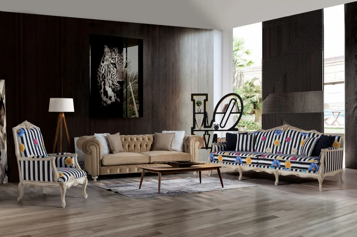 Luxus Barock Sofa Schwarz / Weiß / Mehrfarbig / Antik Cremefarben 245 x 80 x H. 100 cm - Gestreiftes Barockstil Sofa mit Blumenmuster - Barock Wohnzimmer Möbel