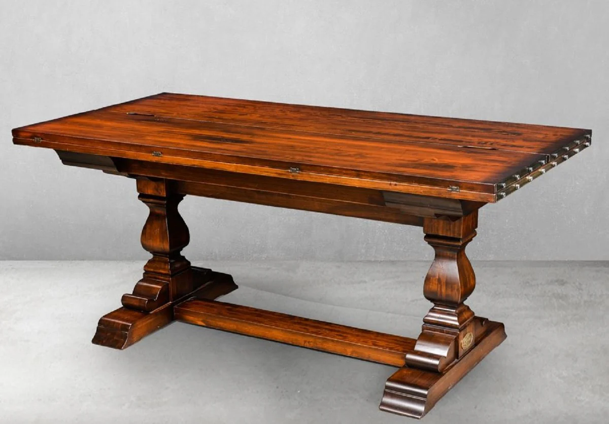 Luxus Vintage Stil Esstisch Braun / Messing 180 x 85 x H. 78 cm - Rechteckiger Massivholz Esszimmertisch mit ausklappbarer Tischplatte - Esszimmer Möbel - Luxus Vintage Stil Möbel