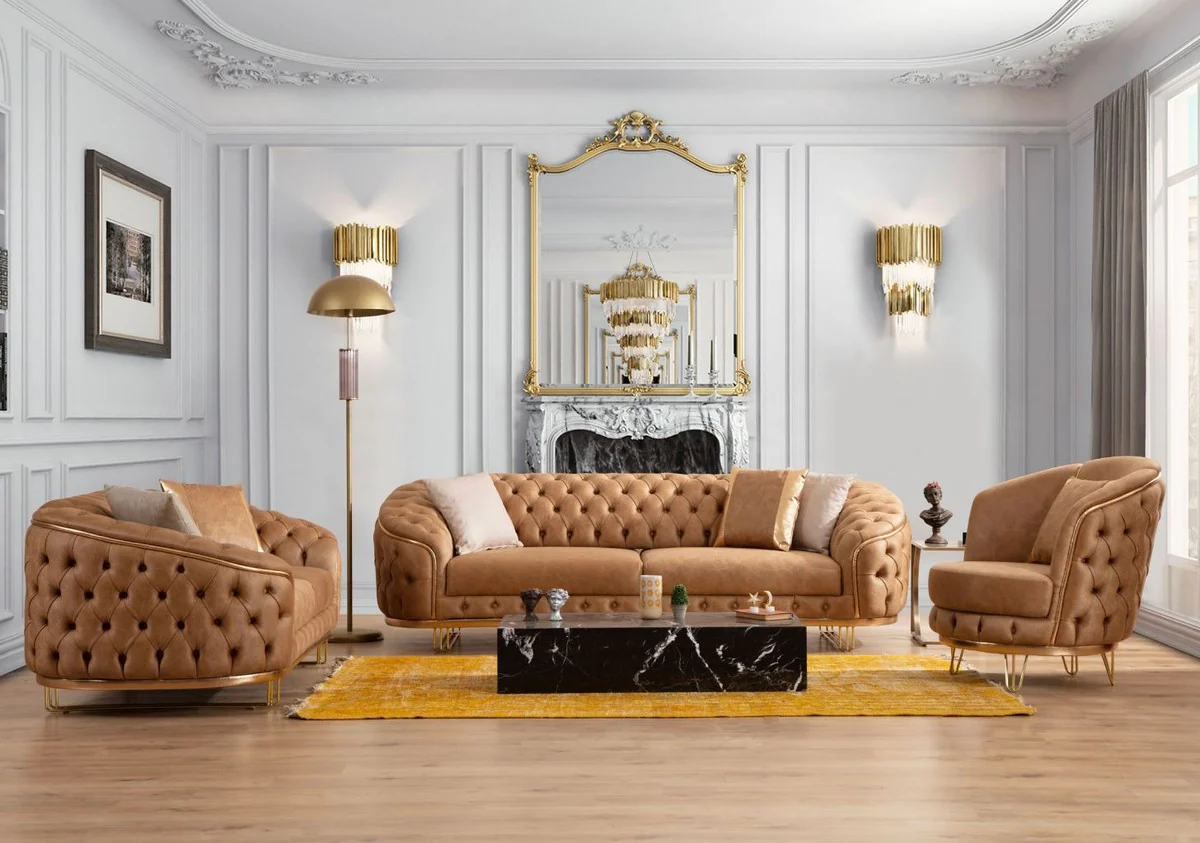 Luxus Chesterfield Kunstleder Sessel Vintage Braun / Messing 85 x 80 x H. 100 cm - Wohnzimmer Sessel - Wohnzimmer Möbel - Luxus Möbel - Luxus Wohnzimmer Einrichtung