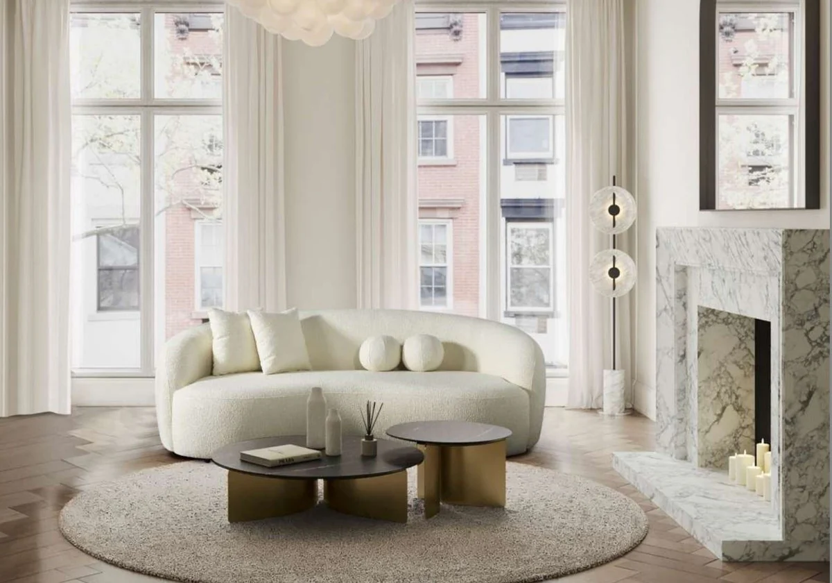 Luxus Sofa Elfenbein 250 x 120 x H. 76 cm - Gebogenes Wohnzimmer Sofa - Hotel Sofa - Wohnzimmer Möbel - Hotel Möbel - Luxus Möbel - Luxus Einrichtung - Wohnzimmer Einrichtung