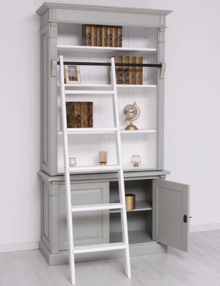Landhausstil Bücherschrank mit Leiter Grau / Weiß 120 x 51 x H. 228 cm - Massivholz Schrank - Regalschrank - Wohnzimmerschrank - Büroschrank - Landhausstil Möbel