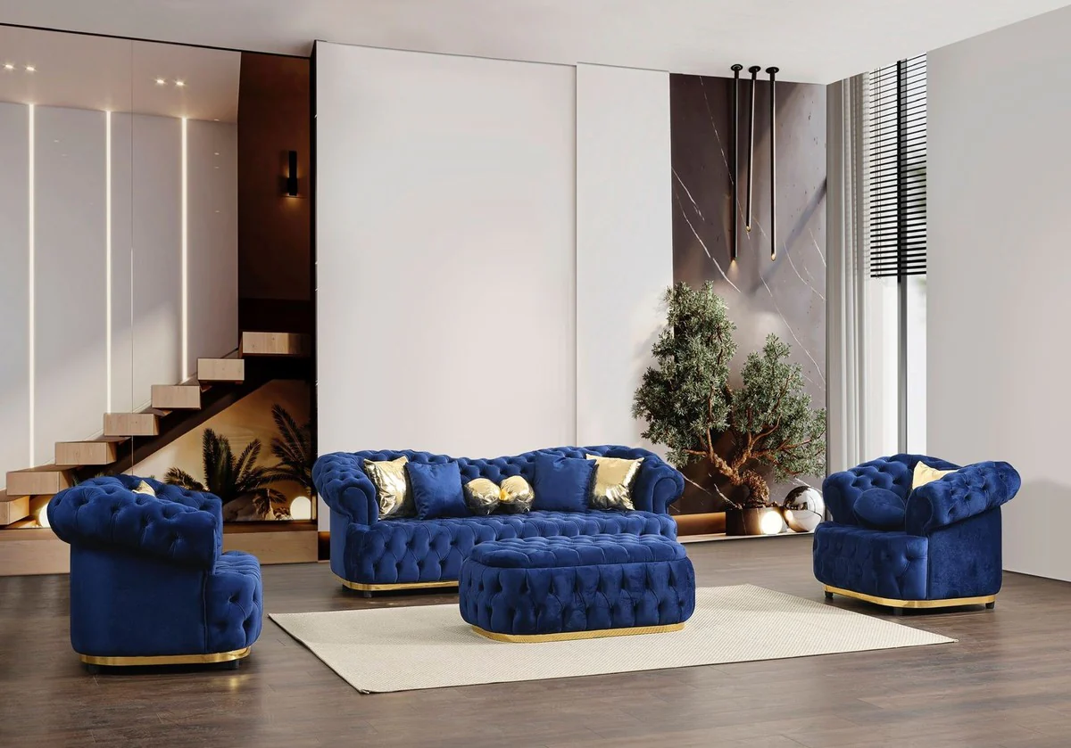 Luxus Chesterfield Samt Hocker Blau / Gold 110 cm