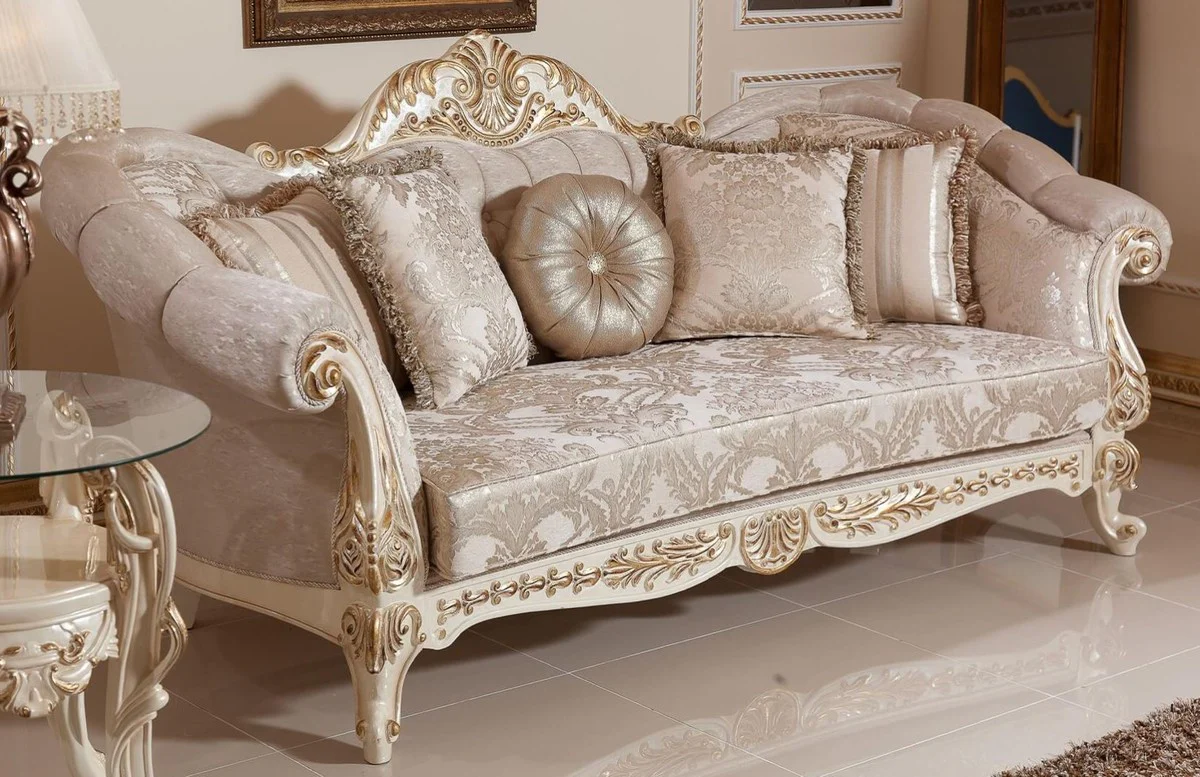 Luxus Barock Sofa Grau / Silber / Weiß / Gold - Handgefertigtes Barockstil Wohnzimmer Sofa mit elegantem Muster - Prunkvolle Barock Wohnzimmer Möbel