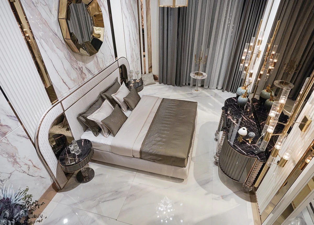 Luxus Art Deco Schminkkommode Schwarz / Grau / Kupfer 188 x 60 x H. 89 cm - Schminktisch mit Kunstmarmor Platte - Art Deco Schlafzimmer Möbel - Luxus Schlafzimmer Möbel