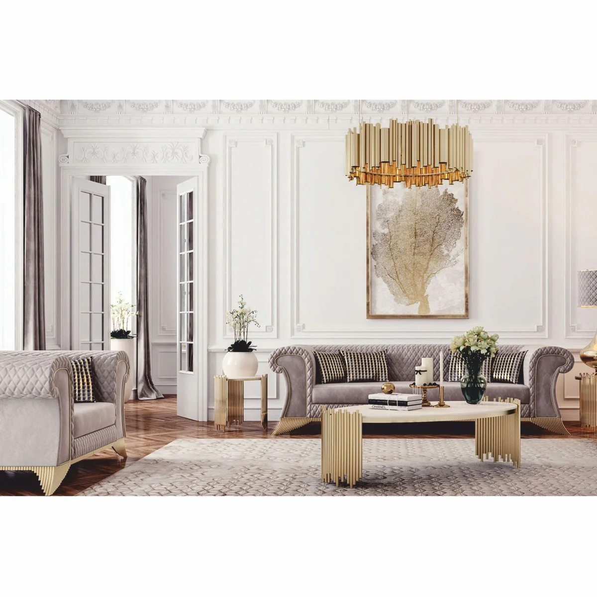 Luxus Couchtisch mit Kunstmarmor Tischplatte Weiß / Gold Ø 101 cm - Luxus Möbel