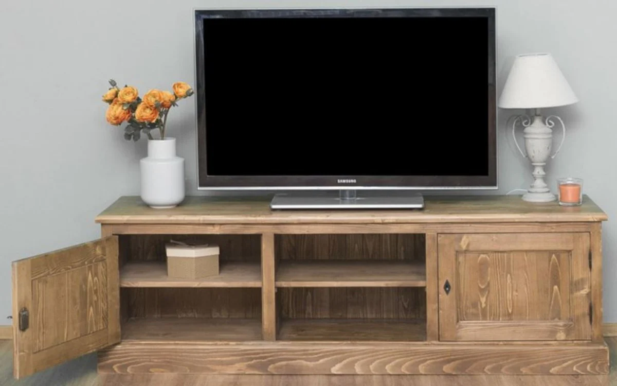 Landhausstil Sideboard mit 2 Türen Braun 180 x 46 x H. 56 cm - Massivholz Fernsehschrank - Wohnzimmerschrank - Möbel im Landhausstil