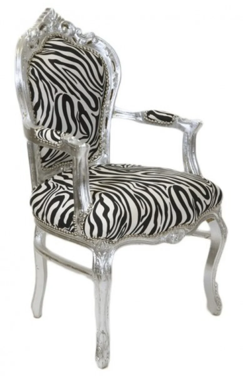 Barock Esszimmer Stuhl Zebra / Silber mit Armlehnen