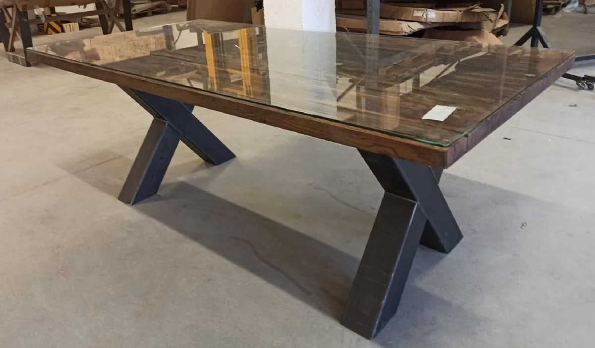 Landhausstil Esstisch mit Glasplatte Braun / Schwarz 200 cm - Rustikale Esszimmer Möbel