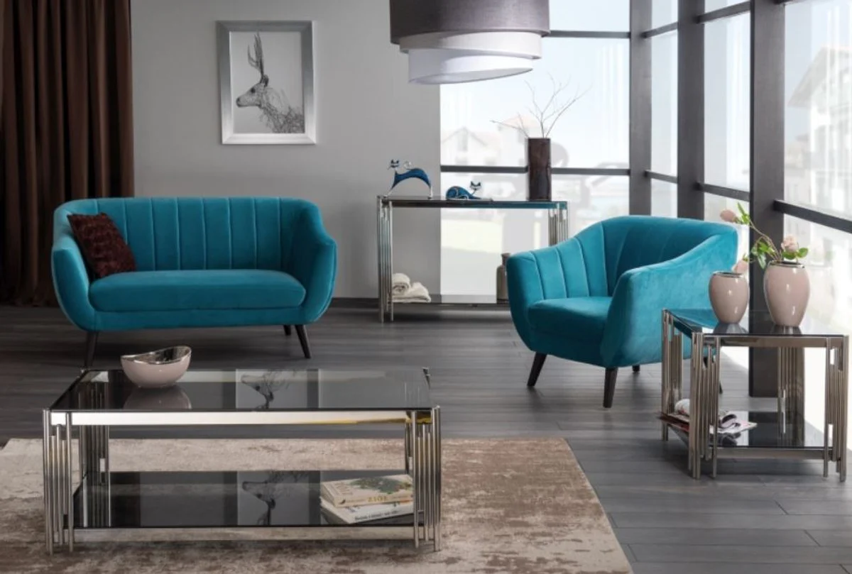 Luxus Couchtisch Silber / Schwarz 120 x 60 x H. 40 cm - Edelstahl Wohnzimmertisch mit getönten Glasplatten - Luxus Möbel