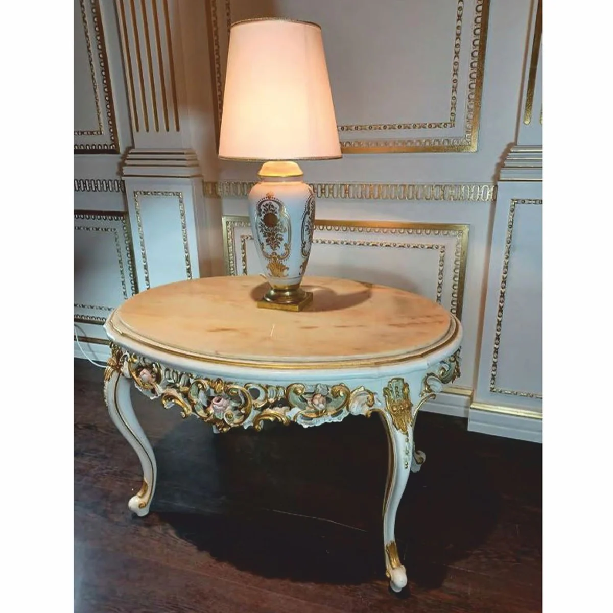 Luxus Barock Couchtisch Weiß / Bunt / Beige 95 cm - Made in Italy