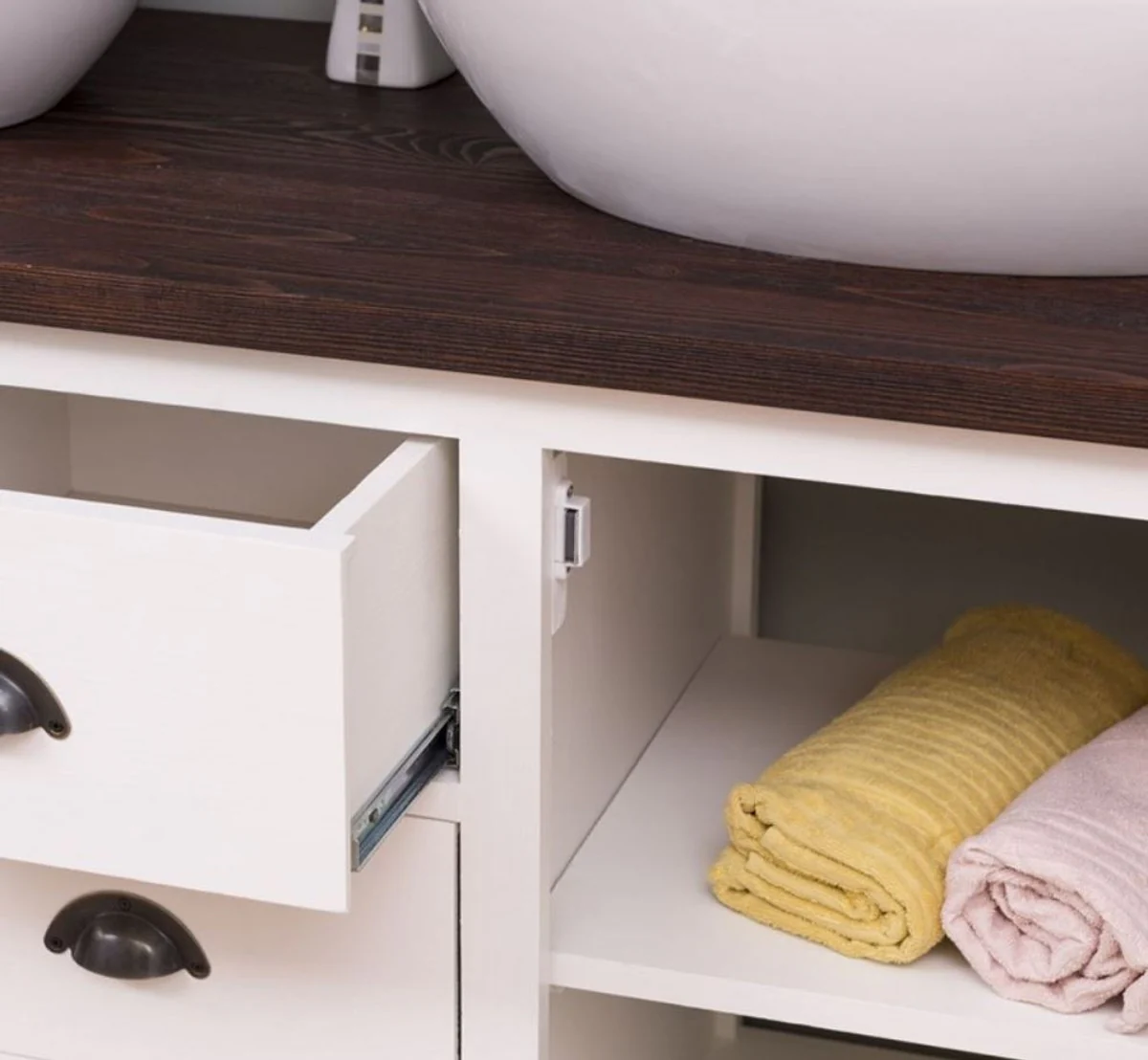 Landhausstil Badezimmer Set Weiß / Dunkelbraun - 1 Doppelwaschtisch & 2 Wandspiegel - Massivholz Badezimmermöbel im Landhausstil