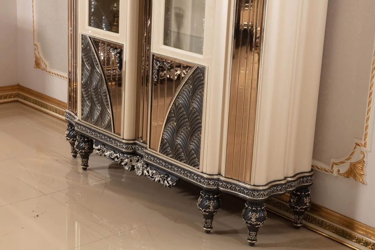 Luxus Barock Vitrine Beige / Schwarz / Gold - Prunkvoller Massivholz Vitrinenschrank mit 2 Glastüren - Barock Möbel - Edel & Prunkvoll