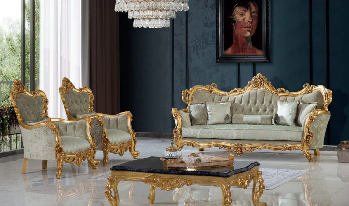 Luxus Barock Couchtisch Schwarz / Gold 120 x 85 x H. 50 cm - Prunkvoller Massivholz Wohnzimmertisch mit Tischplatte in Marmoroptik - Barock Möbel