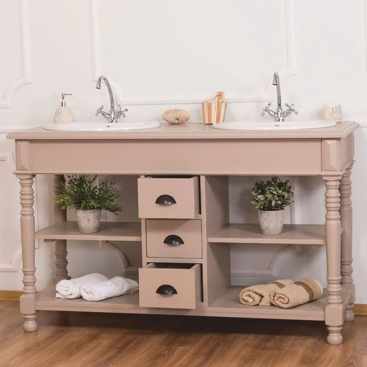 Landhausstil Doppel Waschtisch mit 2 Waschbecken Hellbraun 150 cm