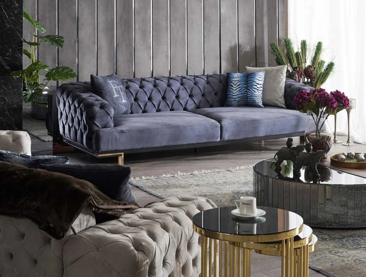 Luxus Chesterfield 3er Sofa Lila / Schwarz / Gold 250 x 100 x H. 65 cm - Wohnzimmer Sofa - Hotel Sofa - Wohnzimmer Möbel - Chesterfield Möbel - Luxus Möbel - Luxus Einrichtung