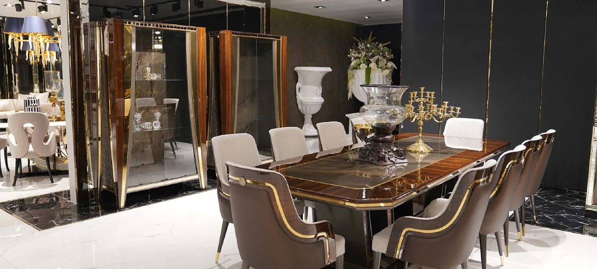 Luxus Esstisch Grau / Braun / Gold 350 x 112 x H. 70 cm - Rechteckiger Massivholz Küchentisch - Esszimmer Möbel - Luxus Möbel - Luxus Kollektion