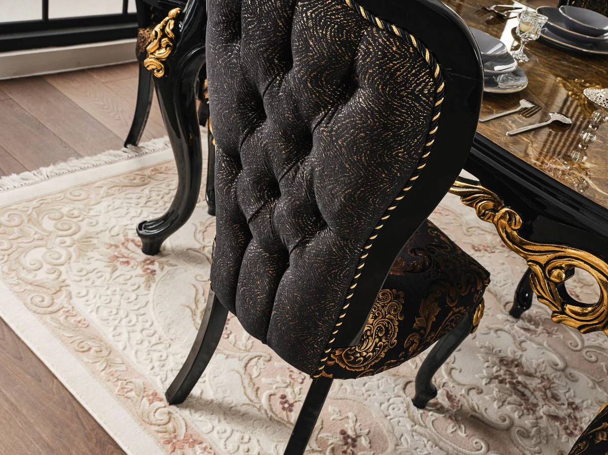 Luxus Barock Esszimmer Set Braun / Schwarz / Gold - 1 Esstisch mit Tischplatte in Marmoroptik & 6 Esszimmerstühle - Prunkvolle Esszimmer Möbel im Barockstil