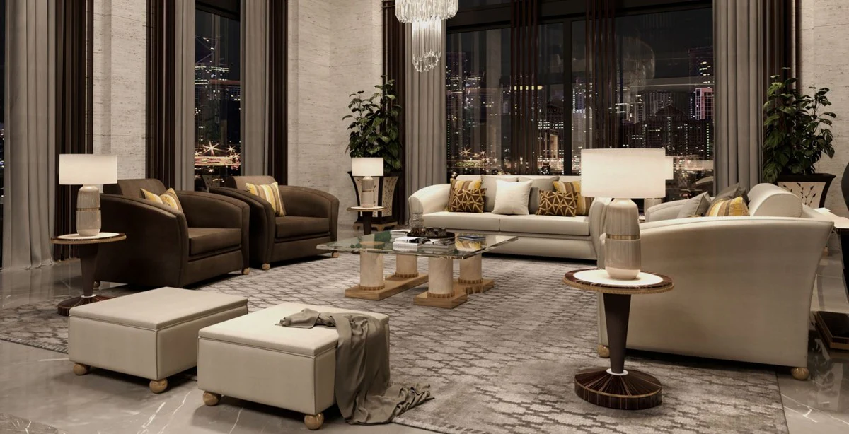 Luxus Designer Couchtisch Creme / Bronzefarben 130 x 130 x H. 45 cm - Handgefertigter Wohnzimmertisch mit Glasplatte - Luxus Hotel Möbel - Made in Italy