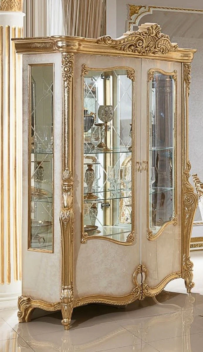 Luxus Barock Vitrine Weiß / Beige / Gold H. 220 cm