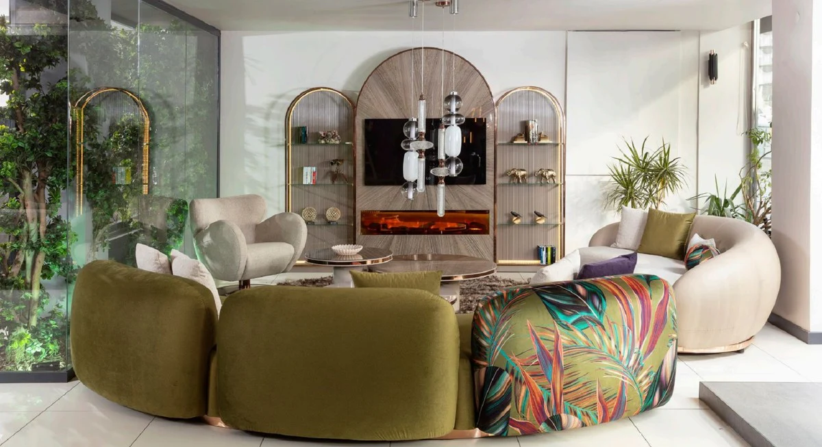 Luxus Sofa Grün / Mehrfarbig / Kupfer 330 x 110 x H. 70 cm - Gebogenes Wohnzimmer Sofa - Hotel Sofa - Wohnzimmer Möbel - Hotel Möbel - Luxus Möbel - Luxus Einrichtung