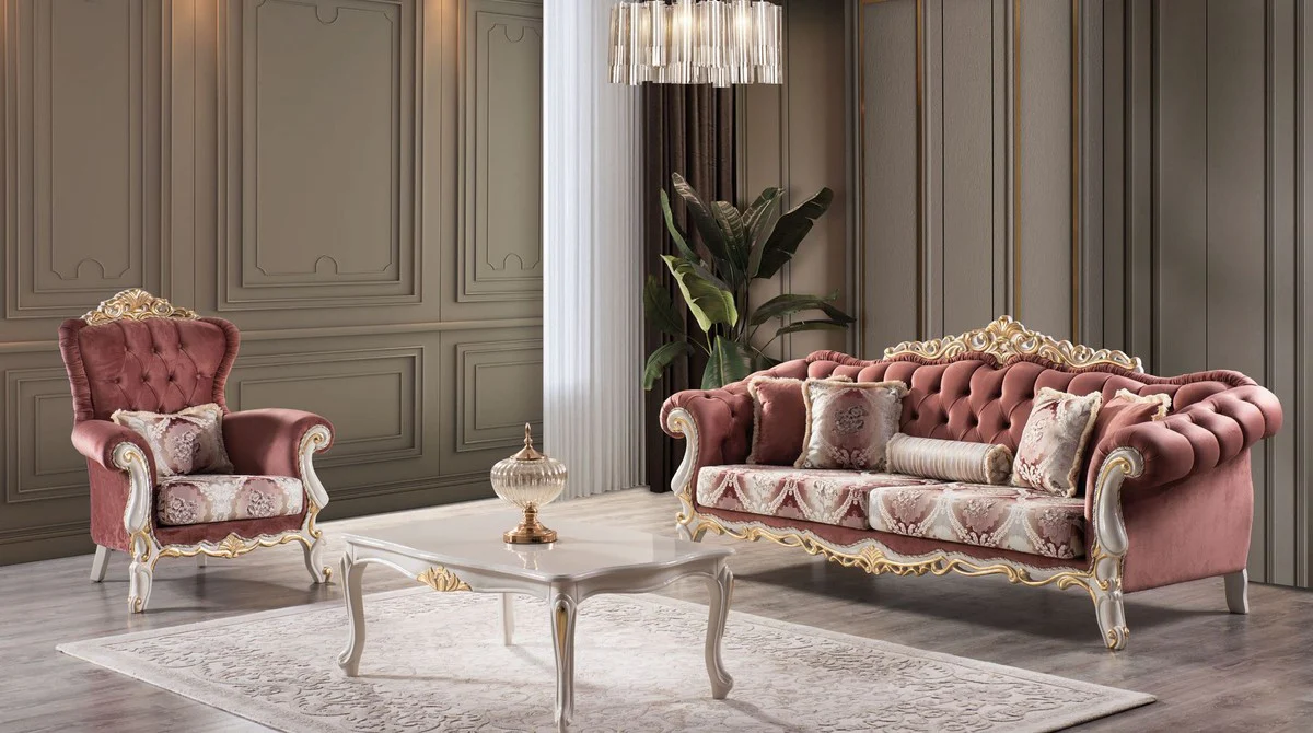 Luxus Barock Sofa Rot / Weiß / Gold - Prunkvolles Wohnzimmer Sofa mit elegantem Muster und dekorativen Kissen - Wohnzimmer Möbel im Barockstil