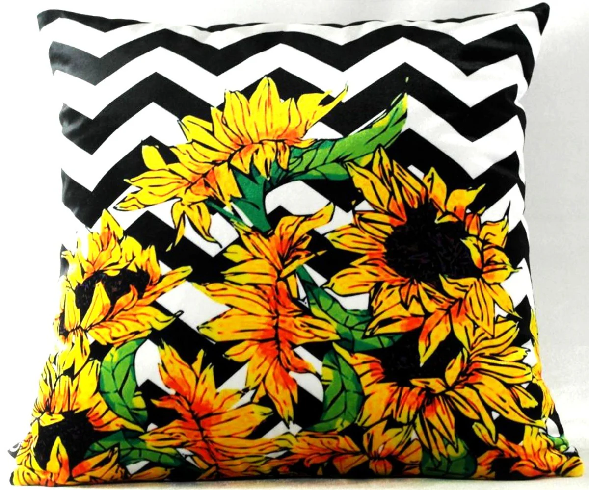 Luxus Deko Kissen Virginia Sunflowers Schwarz / Weiß / Mehrfarbig 45 x 45 cm - Feinster Samtstoff - Wohnzimmer Kissen