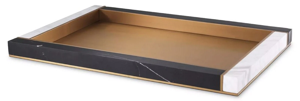 Luxus Marmor Serviertablett Schwarz / Weiß / Antik Messing 60 x 40 x H. 4 cm - Gastronomie Accessoires - Restaurant Accessoires - Hotel Accessoires - Luxus Accessoires