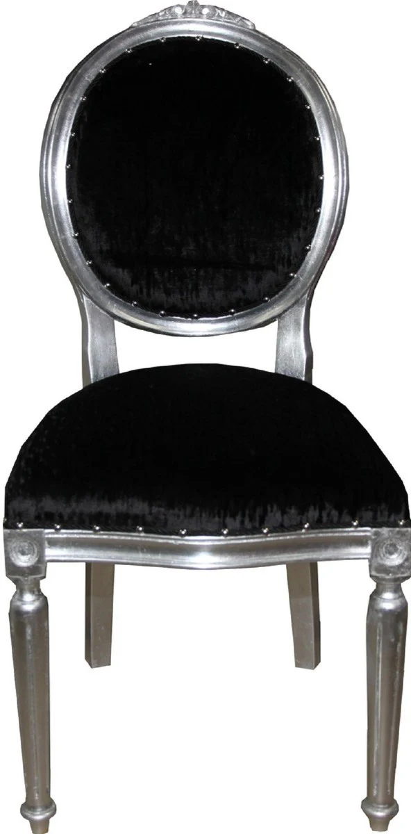 Luxus Barock Esszimmer Set Medaillon Schwarz / Silber 50 x 52 x H. 99 cm - 6 handgefertigte Esszimmerstühle - Barock Esszimmermöbel