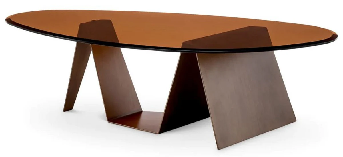 Luxus Couchtisch mit Glasplatte dunkel Messing / Braun 130 cm