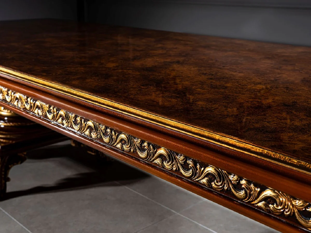 Luxus Barock Esszimmer Set Braun / Gold - 1 Barock Esstisch & 10 Barock Esszimmerstühle - Barock Esszimmer Möbel - Luxus Möbel im Barockstil - Edel & Prunkvoll