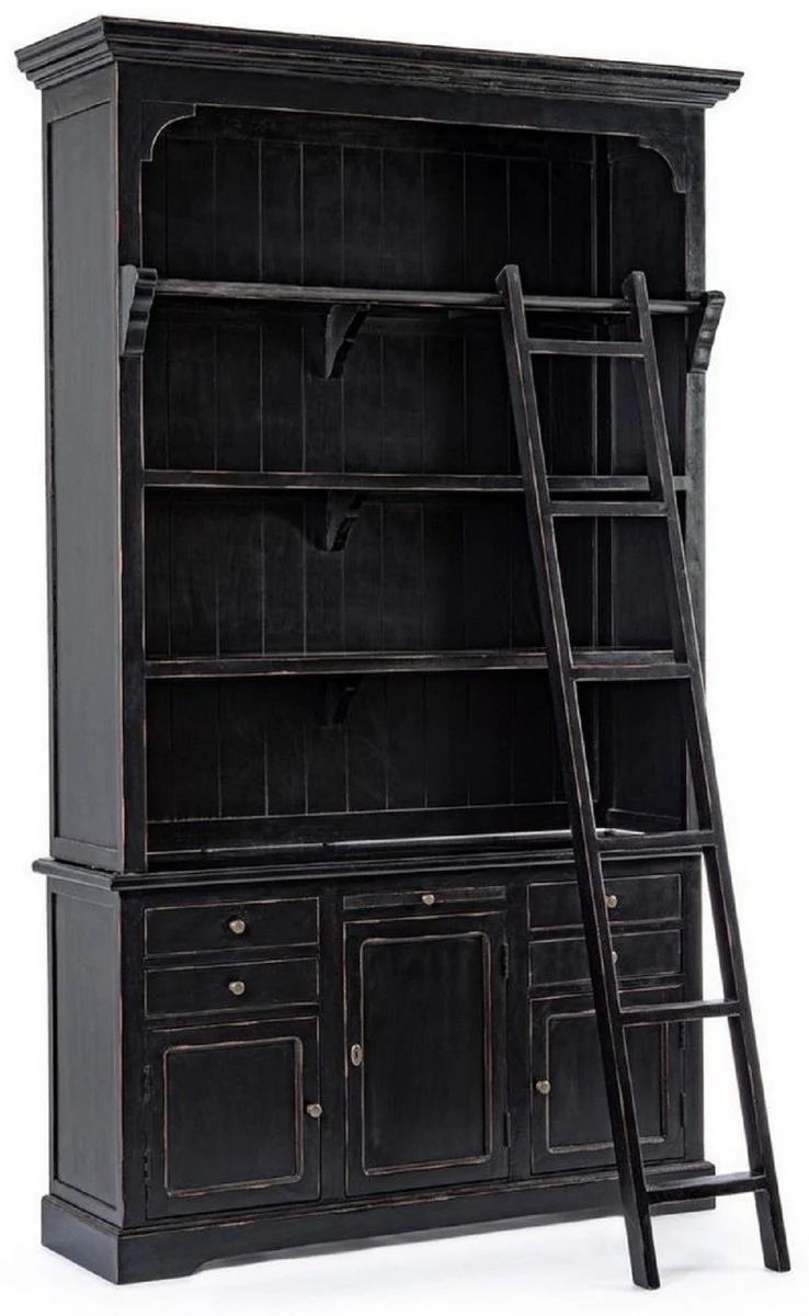 Landhausstil Schrank mit Leiter Antik Schwarz 143,5 x 40,6 x H. 233,7 cm - Bücherschrank - Regalschrank - Wohnzimmerschrank - Büroschrank - Landhausstil Möbel