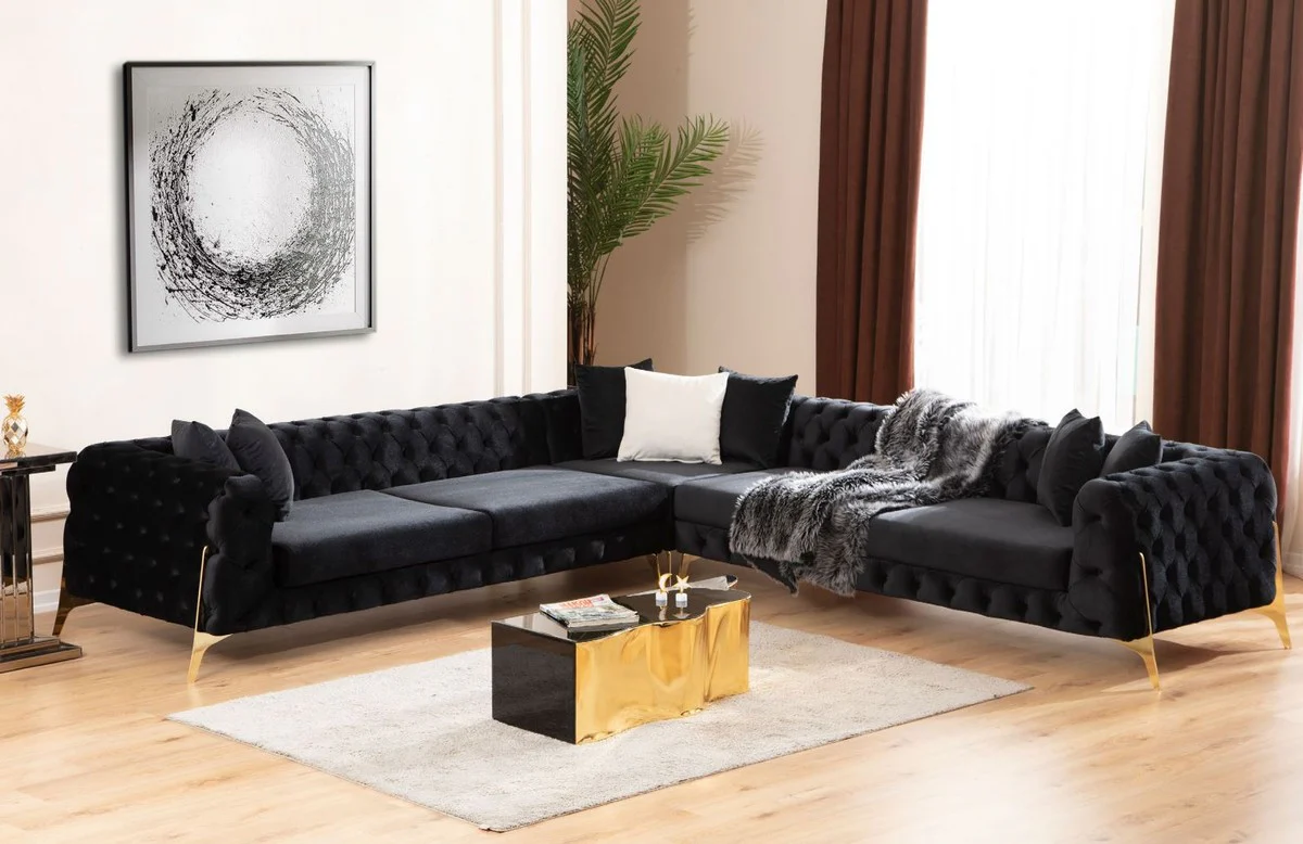Luxus Chesterfield Ecksofa Schwarz / Gold 310 x 270 x H. 70 cm - Chesterfield Wohnzimmer Sofa - Wohnzimmer Möbel - Luxus Chesterfield Möbel - Luxus Wohnzimmer Einrichtung