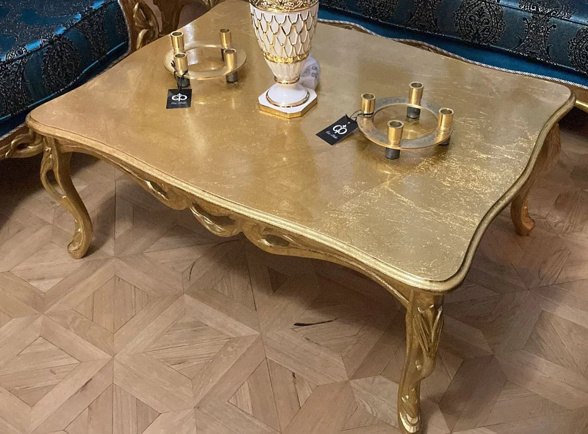 Luxus Barock Couchtisch Antik Gold - Rechteckiger Massivholz Wohnzimmertisch im Barockstil - Barock Möbel - Luxus Möbel im Barockstil - Barock Einrichtung - Edel & Prunkvoll