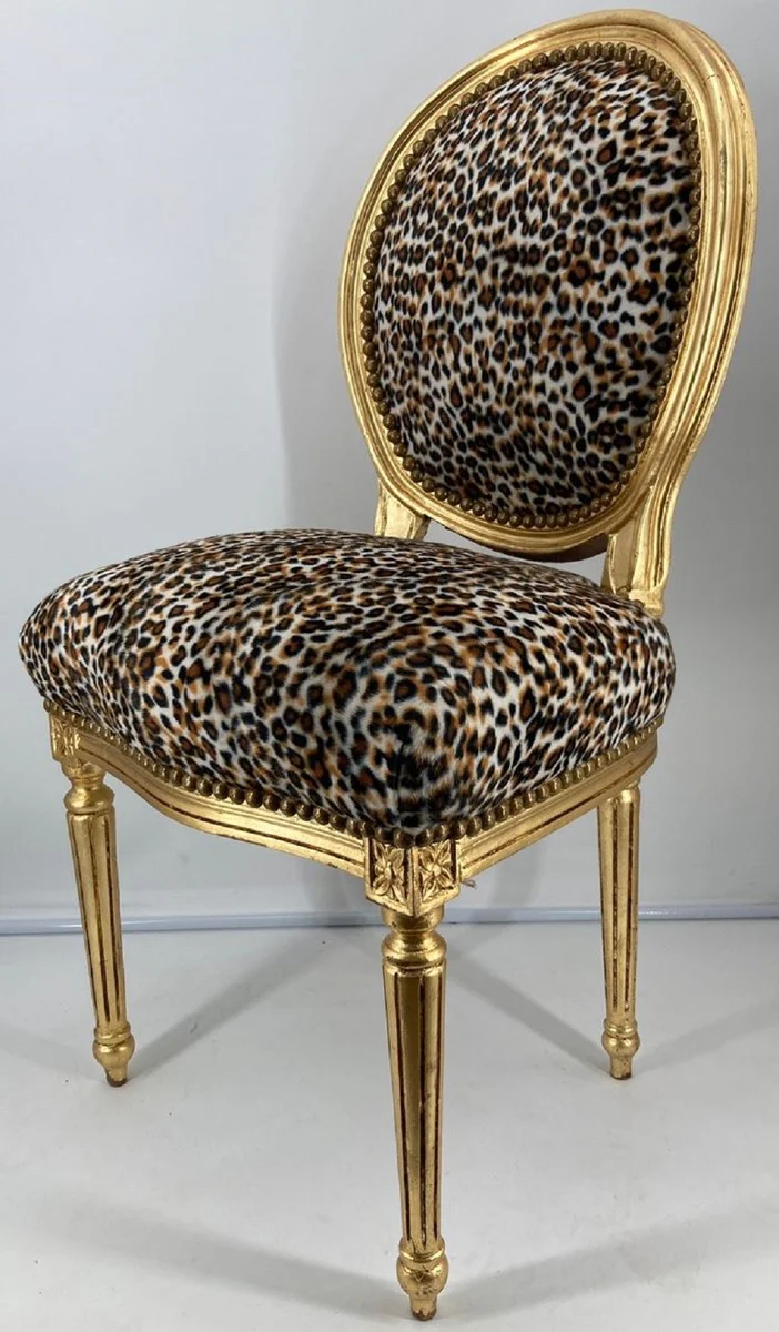 Barock Esszimmer Stuhl Medaillon Leopard / Gold - Handgefertigter Massivholz Antik Stil Küchen Stuhl mit Muster - Barock Esszimmer Möbel