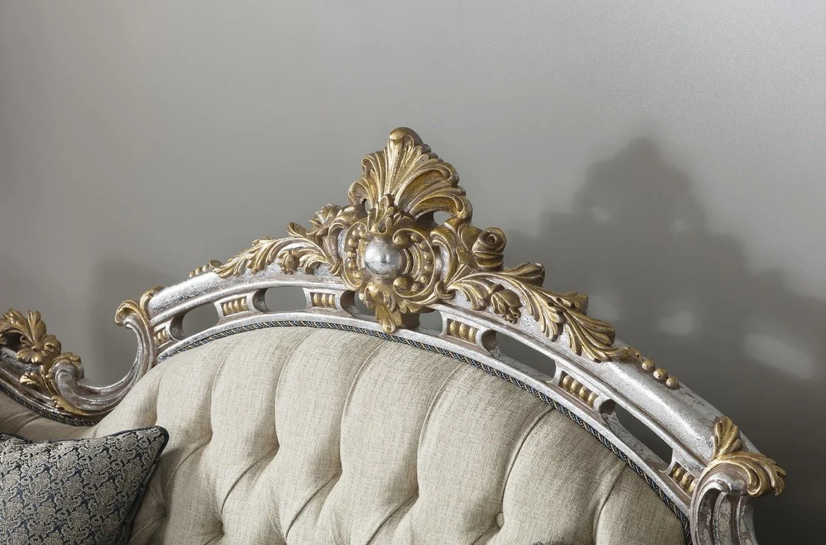 Luxus Barock Wohnzimmer Sofa mit dekorativen Kissen Creme / Blau / Silber / Gold 250 x 95 x H. 125 cm - Edel & Prunkvoll