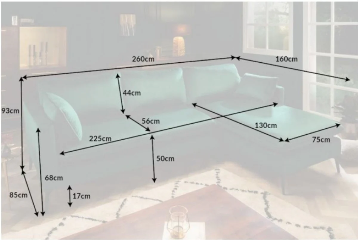 Samt Ecksofa Smaragdgrün / Schwarz 260 x 160 x H. 93 cm - Wohnzimmer Sofa mit Kissen im Retro Style - Wohnzimmer Möbel