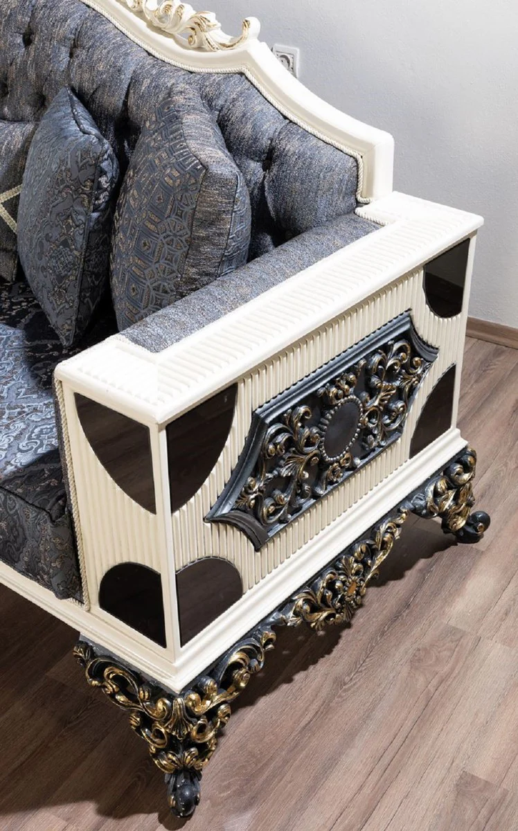 Luxus Barock Sofa Blau / Weiß / Schwarz / Gold - Barockstil Wohnzimmer Sofa mit elegantem Muster - Luxus Wohnzimmer Möbel im Barockstil - Barock Möbel - Barock Einrichtung