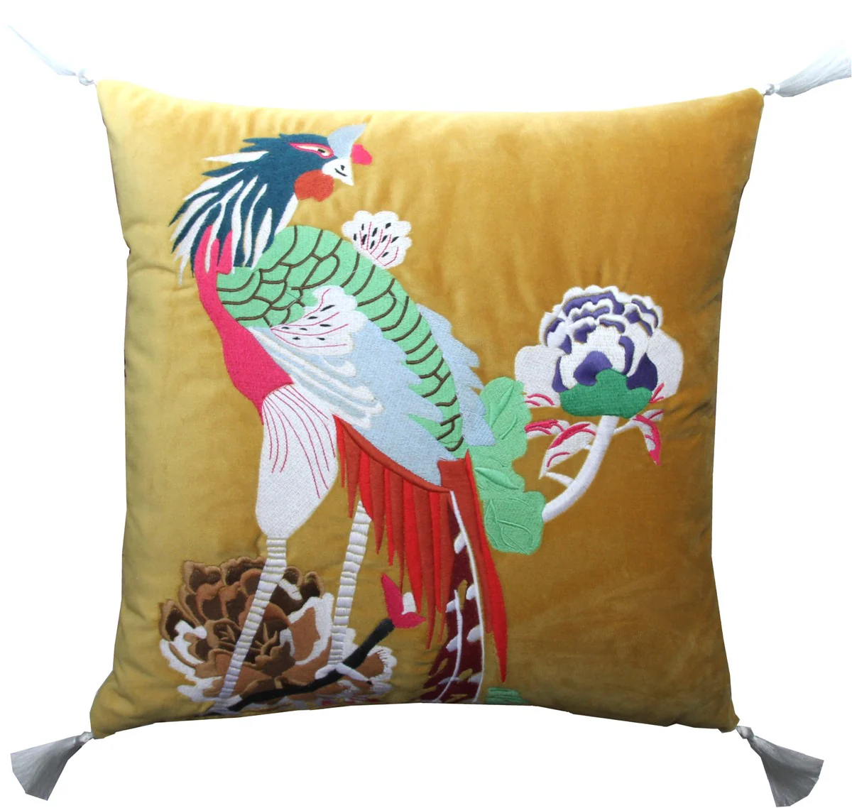 Luxus Deko Kissen mit Troddeln Bird Gelb / Weiß 45 x 45 cm - Feinster Samtstoff - Luxus Deko Accessoires