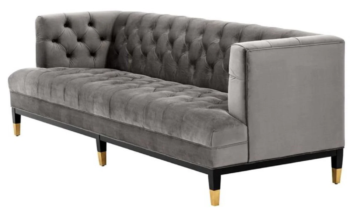Luxus Wohnzimmer Sofa Grau / Schwarz / Messingfarben 230 x 85 x H. 79 cm - Chesterfield Samtsofa