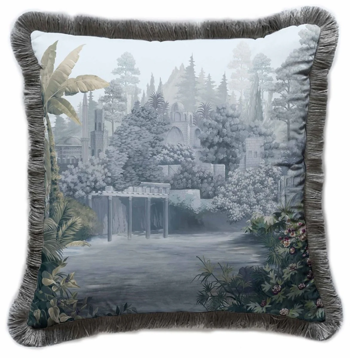 Luxus Deko Kissen antike Landschaft Mehrfarbig / Grau 45 x 45 cm - Bedrucktes Samt Kissen mit Fransen - Luxus Deko Accessoires