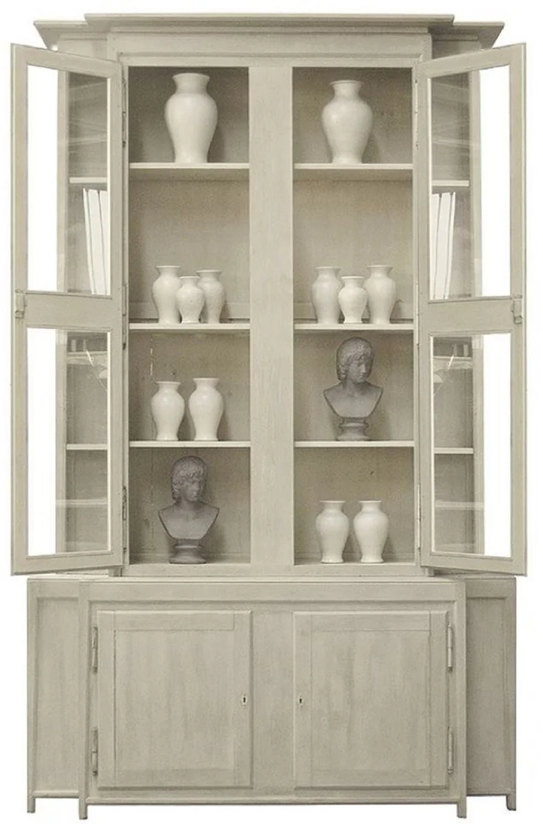 Luxus Landhausstil Vitrine Grau 180 x 45 x H. 270 cm - Handgefertigter Vitrinenschrank - Massivholz Küchenschrank - Landhausstil Möbel