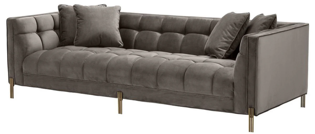 Luxus Samt Sofa mit 4 Kissen Grau / Messingfarben 231 x 95 x H. 68 cm - Wohnzimmer Sofa - Luxus Qualität