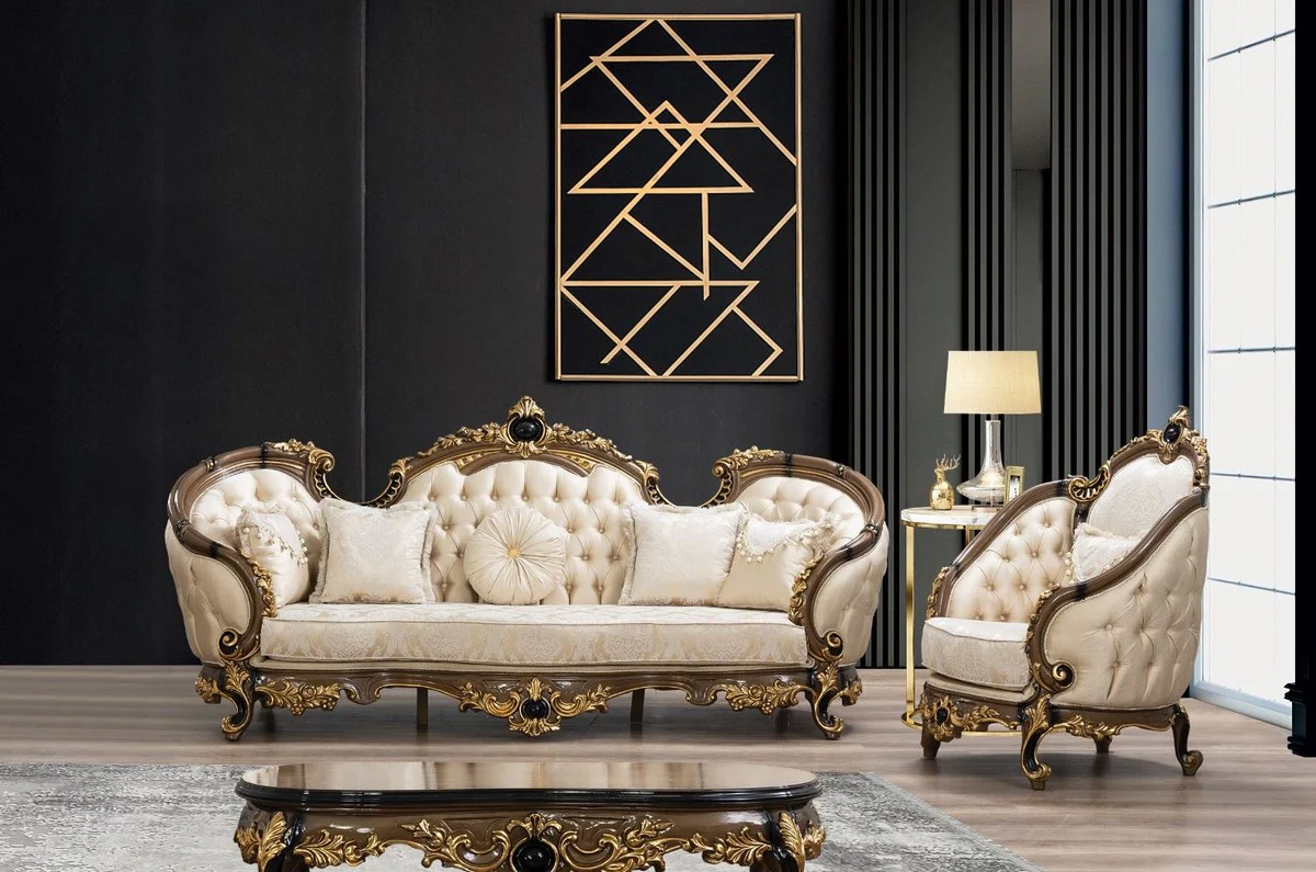 Luxus Barock Sofa Gold / Braun / Schwarz / Gold - Prunkvolles Wohnzimmer Sofa mit elegantem Muster - Barock Wohnzimmer & Hotel Möbel - Edel & Prunkvoll