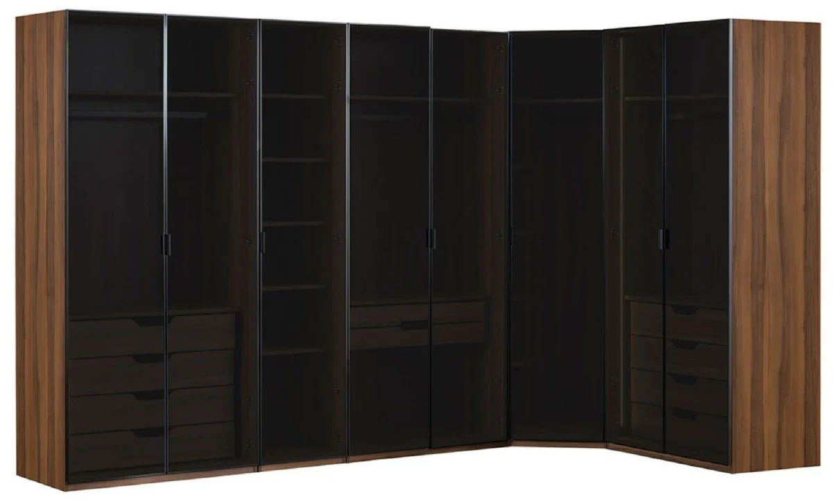 Luxus Eck Kleiderschrank Braun / Schwarz 345 x 195 x H. 220 cm - Massivholz Schlafzimmerschrank mit 8 Glastüren und LED Beleuchtung - Schlafzimmer Möbel - Hotel Möbel - Luxus Möbel